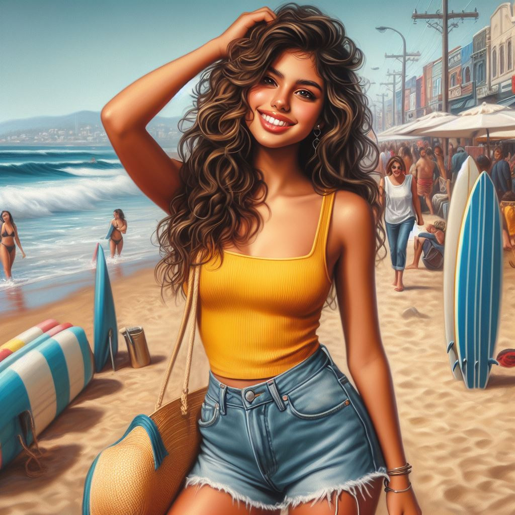 A close-up digital oil painting of a happy-go-lucky Latina teenager with curly brown hair at the beach