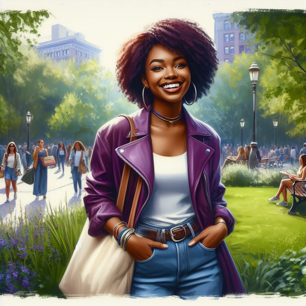 A digital oil painting of a joyful African American woman dressed in a stylish purple jacket