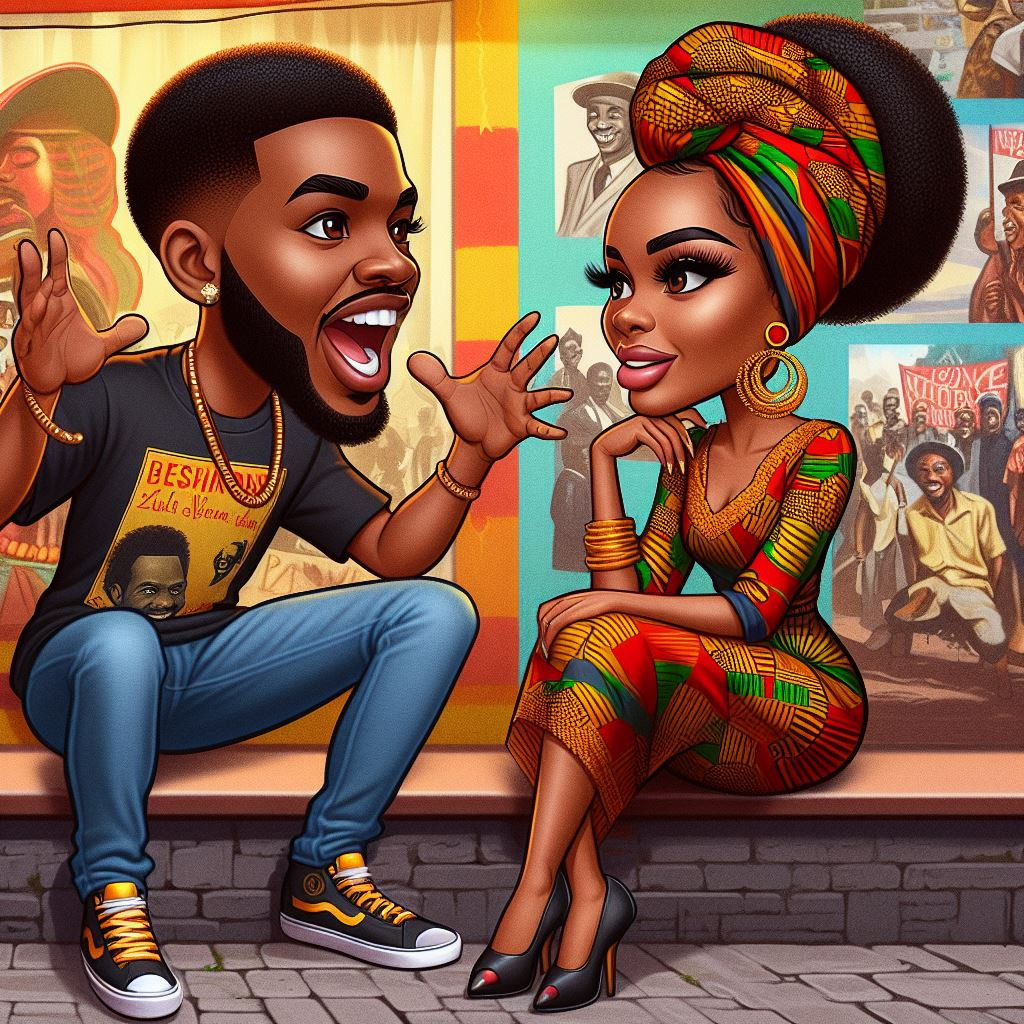 A caricature-style illustration of an African American couple outside a vibrant store  dressed in attire reflecting Black history